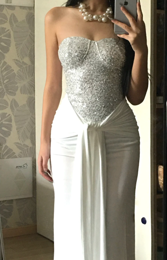 Sexy Strapless Sheath Long Prom Dresses Sequins Chiffon White Birthday Dresses Sleeveless Party Dresses DP04244