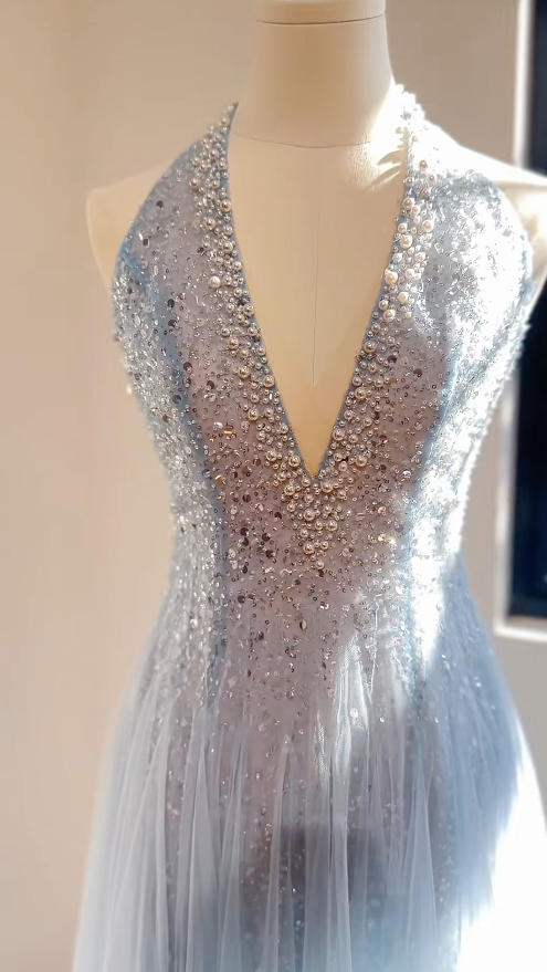 Fairy Halter A-line Long Prom Dresses Tulle Beaded Blue Birthday Dresses Sleeveless Christmas Party Dresses DP04265