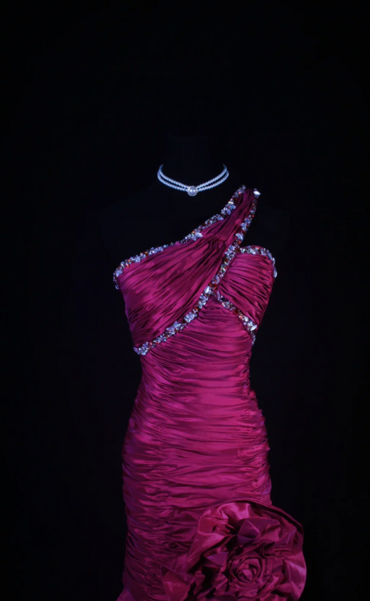 Elegant One-shoulder Sheath Long Prom Dresses Beaded Satin Fuchsia Evening Dresses Sleeveless Birthday Dresses DP04271