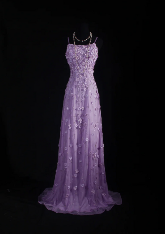 Fairy Spaghetti Straps Sheath Long Prom Dresses Chiffon Beaded Lilac Evening Dresses Sleeveless Party Dresses DP04276