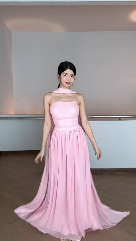 Cute Strapless A-Line Long Prom Dresses Tulle Pink Evening Dresses Sleeveless Birthday Dresses DP04279