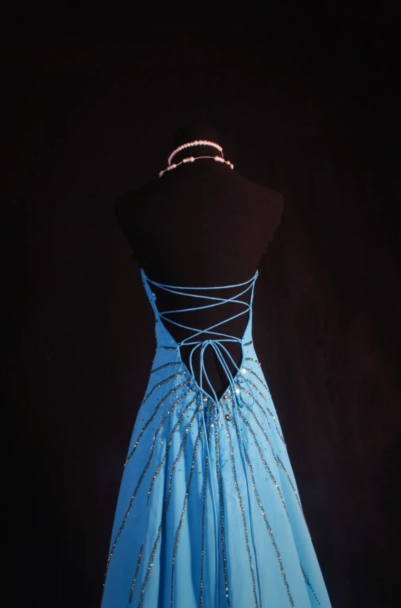 Elegant Strapless A-Line Long Prom Dresses Satin Beaded Blue Evening Dresses Sleeveless Birthday Dresses DP04281