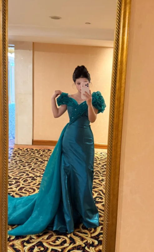 Chic Off-shoulder Sheath Long Prom Dresses Tulle Teal Evening Dresses Cup Sleeves Birthday Dresses DP04285