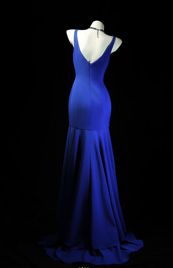 Chic Straps Sheath Long Prom Dresses Chiffon Royal Blue Evening Dresses Sleeveless Birthday Dresses DP04287