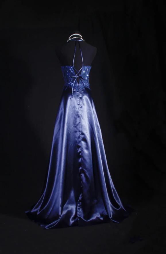 Chic Halter A-Line Long Prom Dresses Applique Satin Navy Blue Evening Dresses Sleeveless Birthday Dresses DP04293