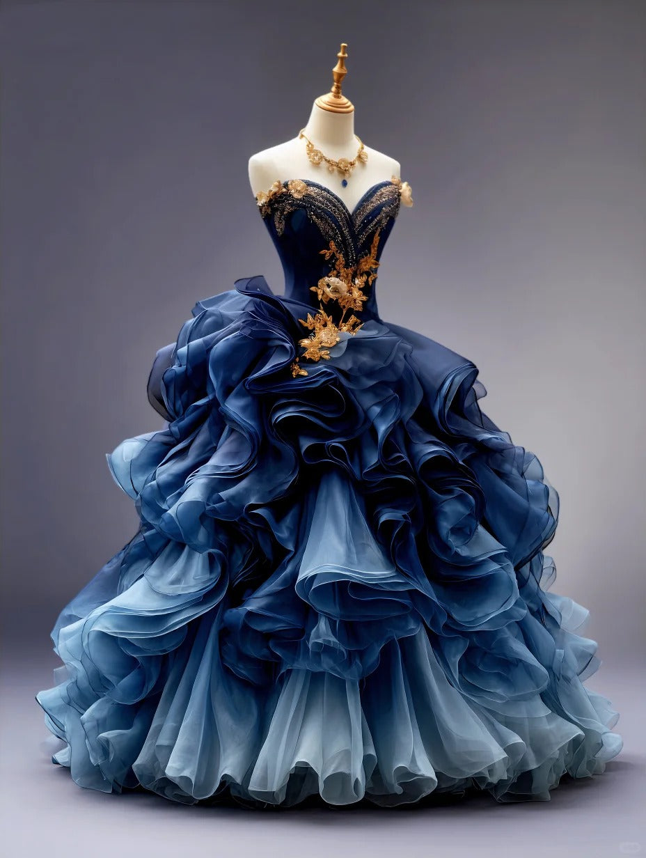 Gorgeous Sweetheart Ball Gown Tulle Long Prom Dresses Tulle Navy Blue Quinceanera Dresses Sleeveless Sweet 16 Dresses DP04295