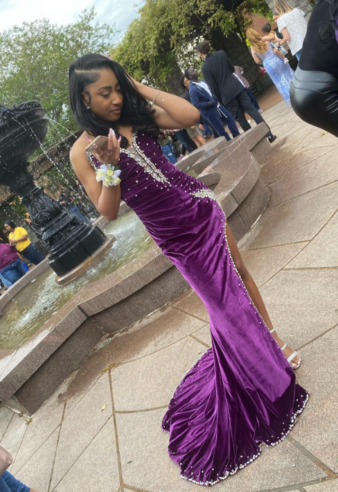 Sexy Sweetheart Sheath Long Prom Dresses Velvet Purple Evening Dresses with Slit DP04297