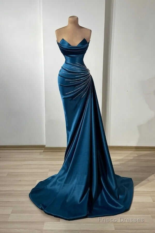 Sexy Strapless Sheath Long Prom Dresses Beaded Satin Dark Teal Evening Dresses DP04299