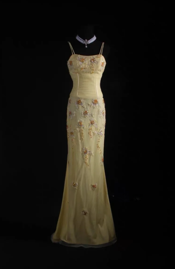 Glam Spaghetti Straps Sheath Long Prom Dresses Beaded Chiffon Yellow Evening Dresses DP04300