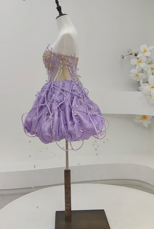 Fairy Strapless A-Line Short Prom Dresses Beaded Tulle Lilac Party Dresses Sleeveless Birthday Dresses DP04318