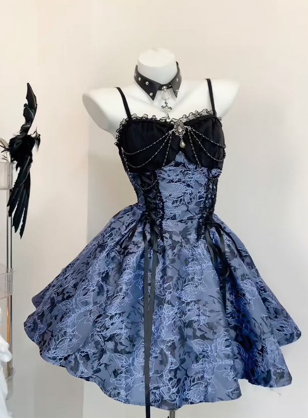 Fairy Spaghetti Straps A-Line Short Prom Dresses Jacquard Satin Gray Blue Party Dresses Sleeveless Birthday Dresses DP04319