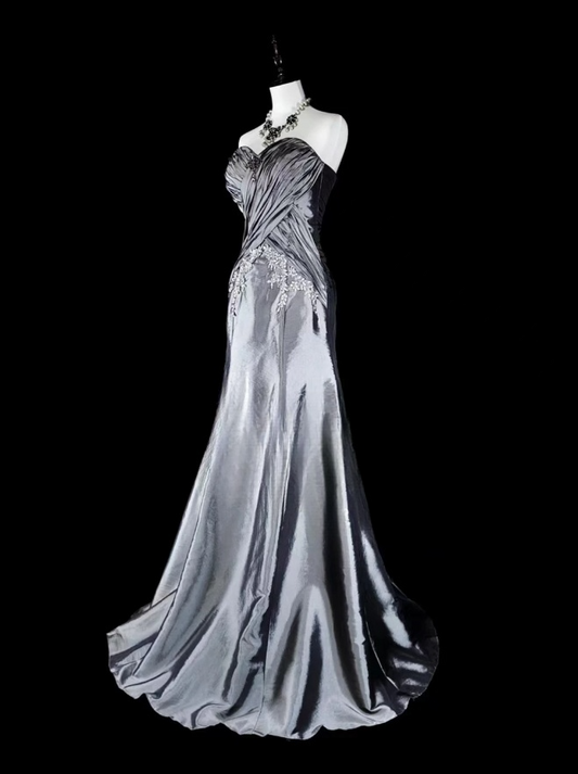 Silver Sheath Long Prom Dresses Chic Satin Sleeveless Evening Dresses Strapless Birthday Dresses DP04325