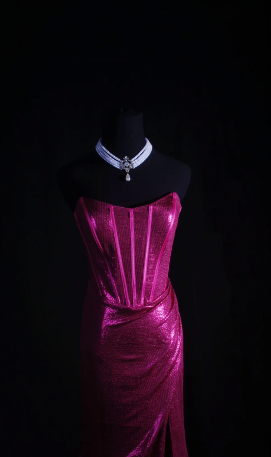 Fuchsia Sheath Long Prom Dresses Sexy Satin Sleeveless Evening Dresses Strapless Party Dresses DP04328