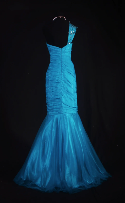 Turquoise Mermaid Long Prom Dresses Glam Tulle Appliques Sleeveless Evening Dresses One-shoulder Party Dresses DP04329