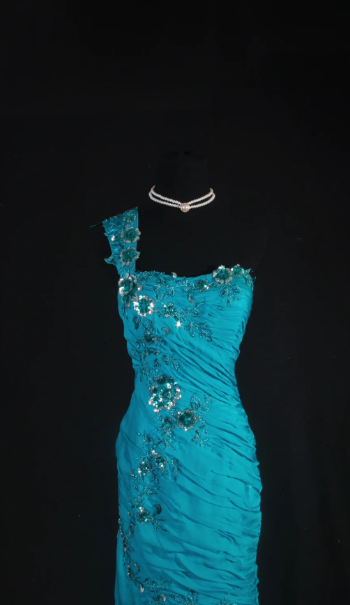 Turquoise Mermaid Long Prom Dresses Glam Tulle Appliques Sleeveless Evening Dresses One-shoulder Party Dresses DP04329