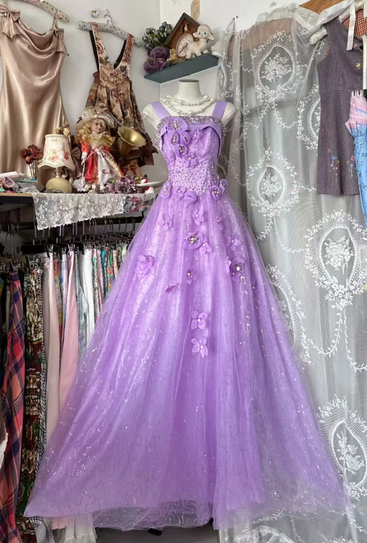 Cute Purple A-Line Long Prom Dresses Tulle Straps Evening Dresses Sleeveless Birthday Dresses DP04341