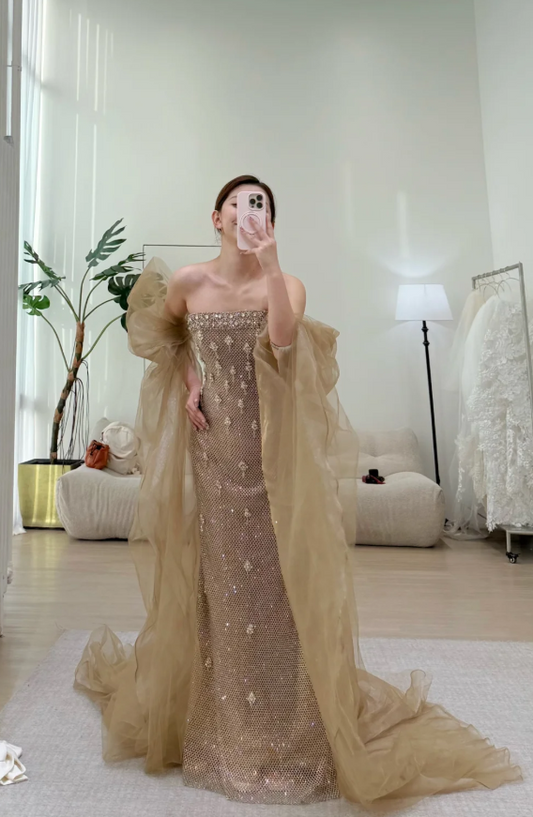 Glam Sheath Long Prom Dresses Beaded Tulle Strapless Evening Dresses Sleeveless Christmas Dresses DP04343