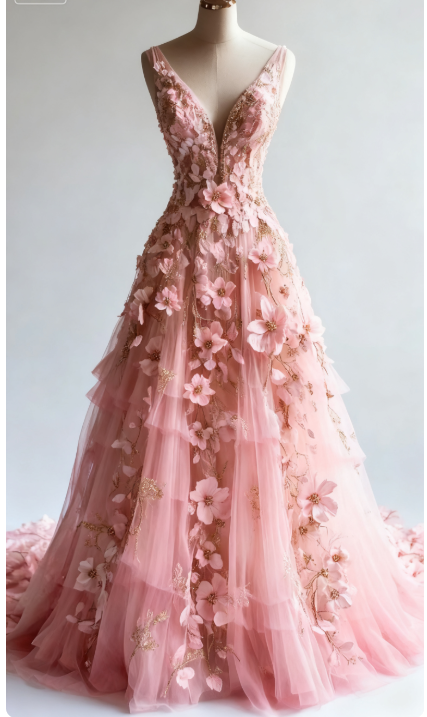 Chic Pink A-Line Long Prom Dresses Tulle Appliques Sleeveless Evening Dresses Sweet 16 Dresses DP04350