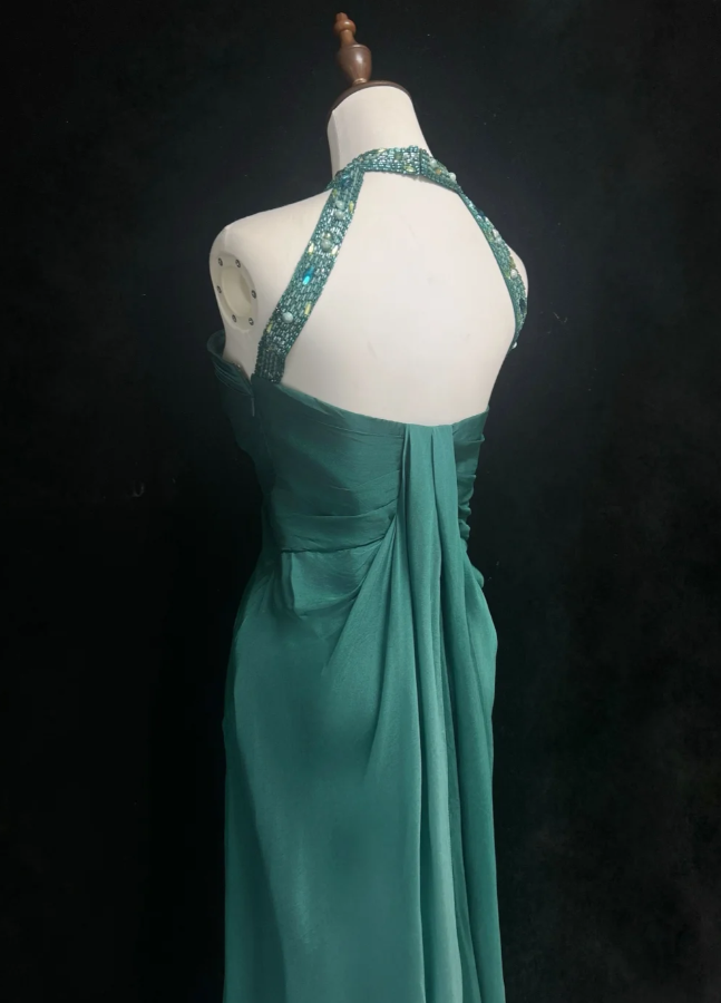 Jade Elegant Sheath Long Prom Dresses Satin Halter Evening Dresses Sleeveless Christmas Dresses DP04384