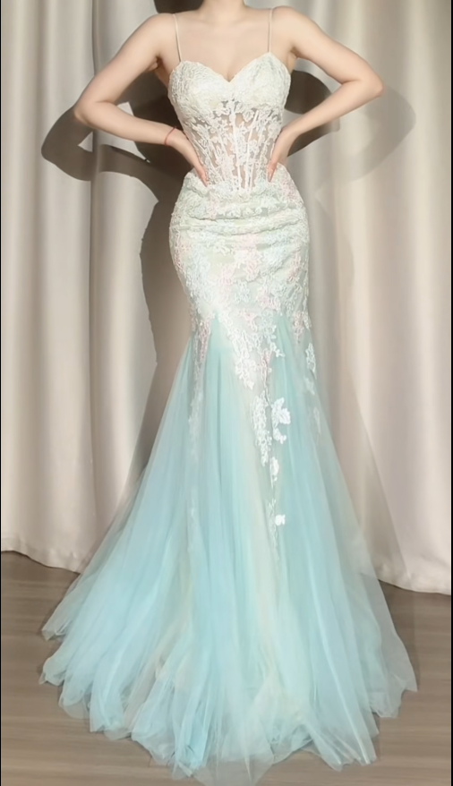 Elegant Tiffany Blue Mermaid Long Prom Dresses Appliques Tulle Spaghetti Straps Evening Dresses DP04406