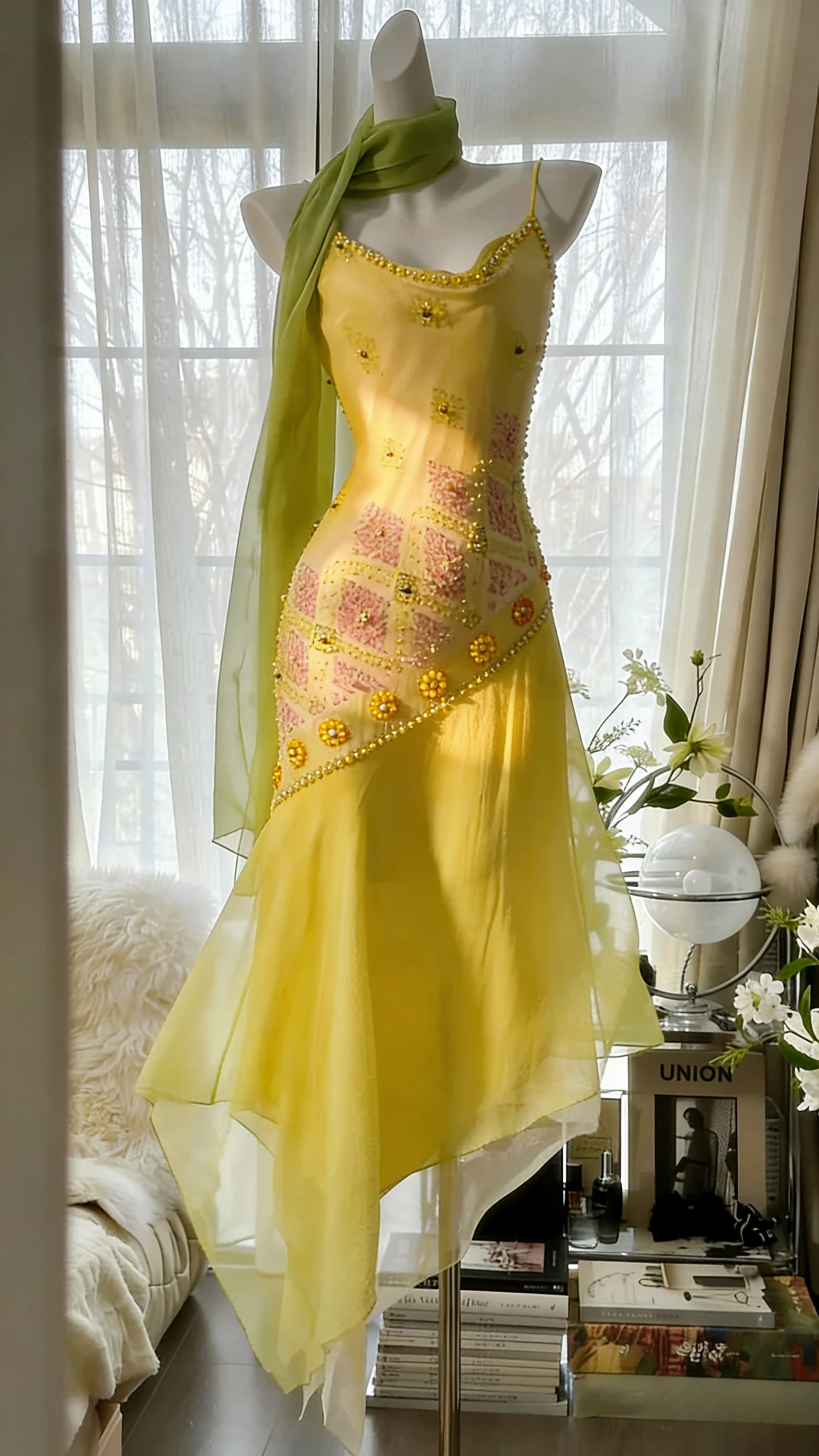 Gorgeous Yellow Sheath Birthday Dresses Beaded Chiffon Sapghetti Straps Long Prom Dresses Sleeveless Evening Dresses DP04420
