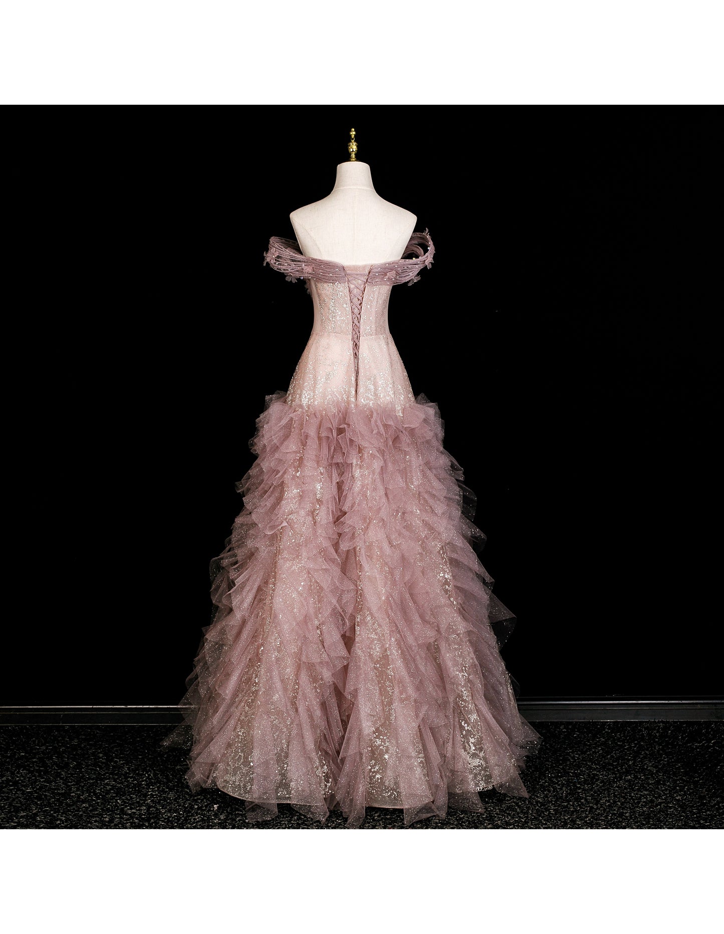 Fairy Off-shoulder Birthday Dresses A-Line Pink Long Prom Dresses Appliques Rhinstones Tulle Sleevless Evening Dresses DP04425