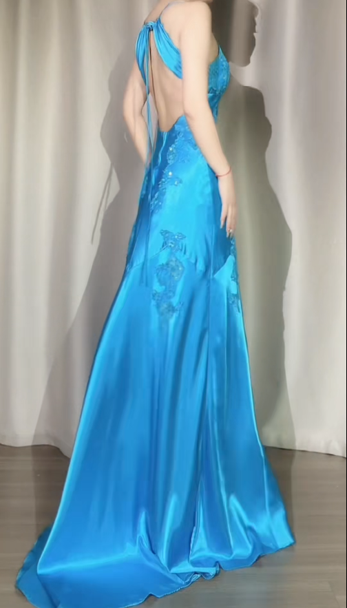 Elegant Sheath Blue Long Prom Dresses Satin Spaghetti Straps Birthday Dresses Sleevless Evening Dresses with Open Back DP04433