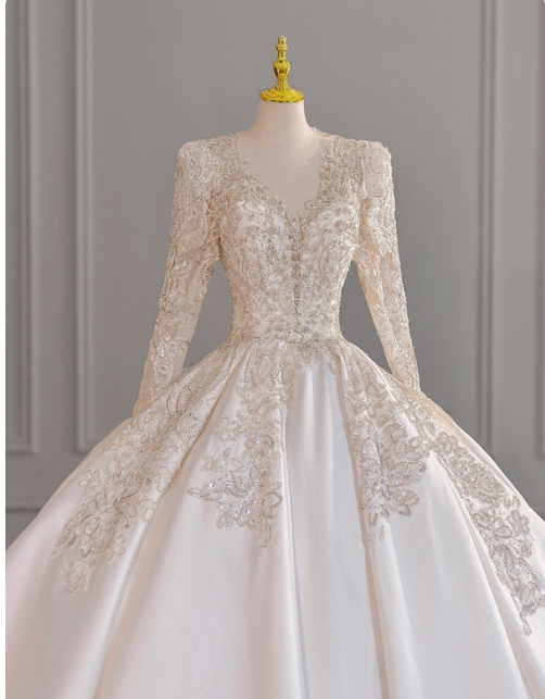 Elegant A-Line Long Weeding Dresses Beaded Satin White Bridal Dresses Long Sleeves Bridal Gowns DP04447