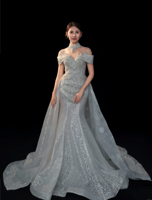 Glam Mermaid Long Weeding Dresses Tulle Bridal Dresses Cup Sleeves Bridal Gowns DP04451