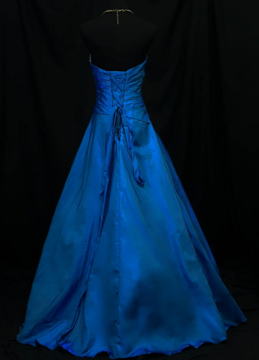 Fairy Blue A-Line Long Prom Dresses Satin Sweetheart Evening Dresses Sleeveless Party Dresses DP04481