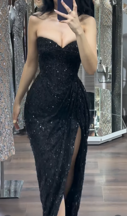 Fashion Black Sheath Long Prom Dresses Lace Beaded Sweeetheart Christmas Dresses Sleeveless Evening Dresses With Slits DP04483