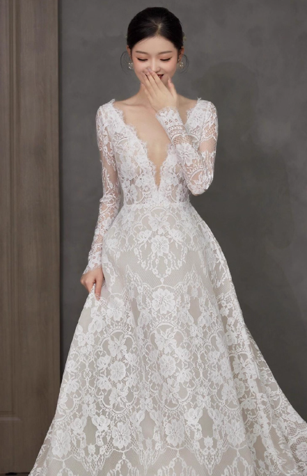 Simple A-Line Long Wedding Dresses Lace V-neck White Bridal Dresses Appliques Long Sleeves Bridal Gowns DP04493