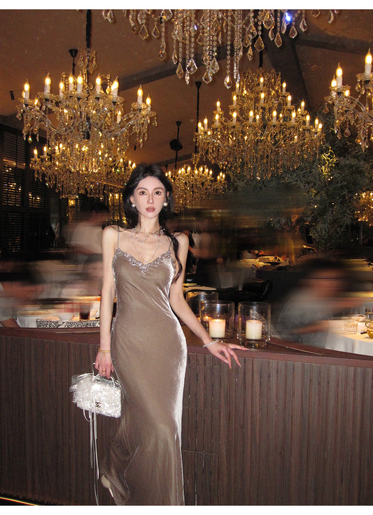 Sexy Sheath Brown Long Prom Dresses Velvet Spaghetti Straps Evening Dresses Sleeveless Birthday Dresses DP04512