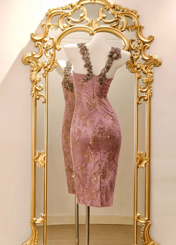 Cute Pink Sheath Long Prom Dresses Beaded Lace Straps Evening Dresses Sleeveless Birthday Dresses DP04539