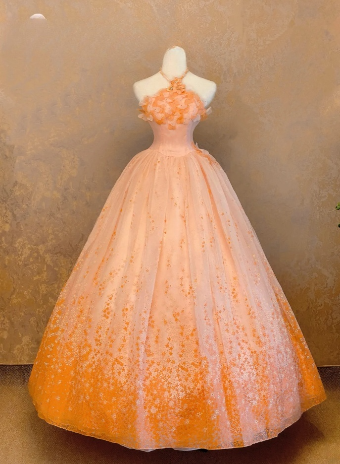 Chic A-Line Evening Dresses Halter Orange Long Prom Dresses Appliques Tulle Sleeveless Brithday Dresses DP04573