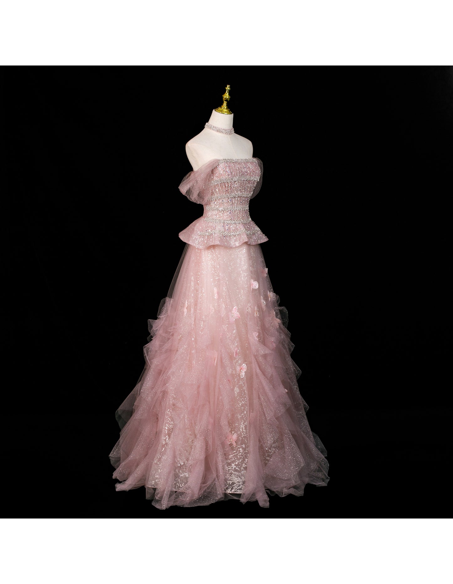 Fairy A-Line Evening Dresses Off-shoulder Pink Long Prom Dresses Appliques Sequins Tulle Sleeveless Brithday Dresses DP04574