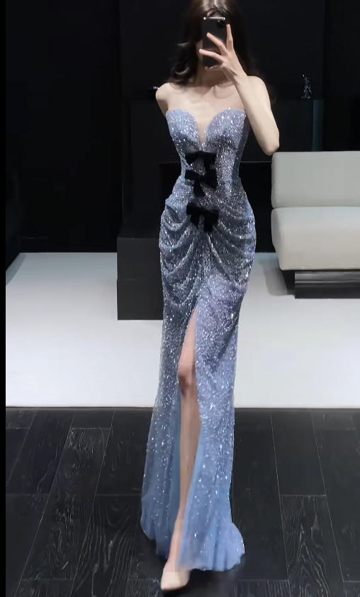 Chic Sheath Evening Dresses Tulle Sweetheart Gray Blue Long Prom Dresses Sleeveless Brithday Dresses DP04584