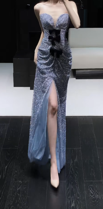 Chic Sheath Evening Dresses Tulle Sweetheart Gray Blue Long Prom Dresses Sleeveless Brithday Dresses DP04584