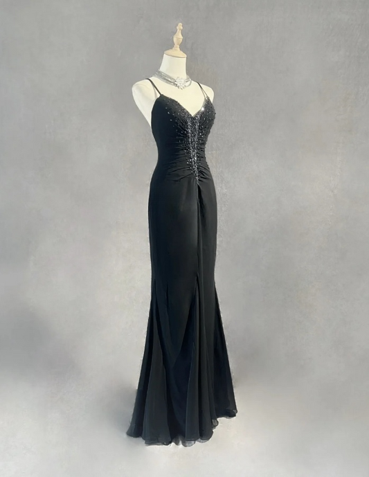 Chic Sheath Evening Dresses Beaded Chiffon Black Long Prom Dresses Sleeveless Brithday Dresses DP04585