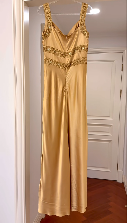 Vintage Gold Prom Dresses Satin Sheath Long Evening Dresses Beaded Sleeveless Party Dresses DP04601