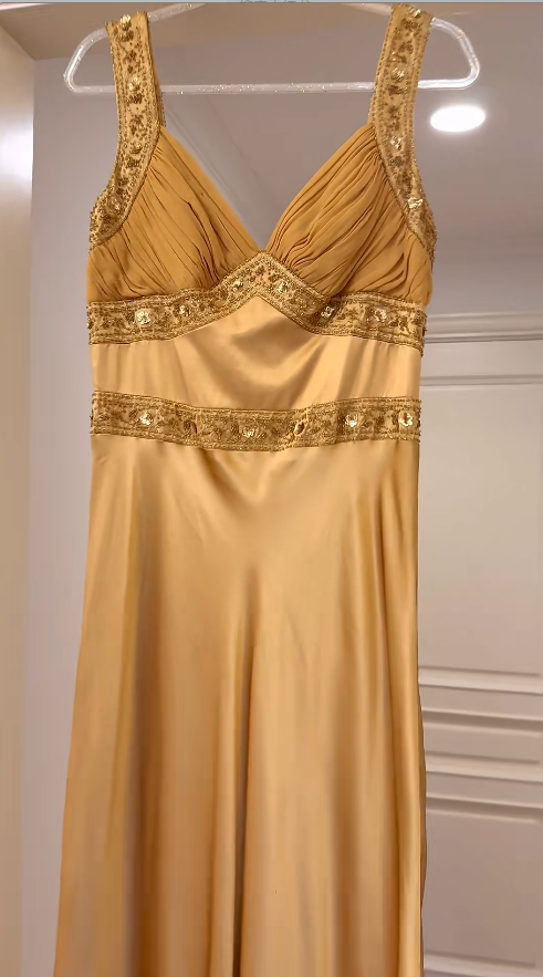 Vintage Gold Prom Dresses Satin Sheath Long Evening Dresses Beaded Sleeveless Party Dresses DP04601