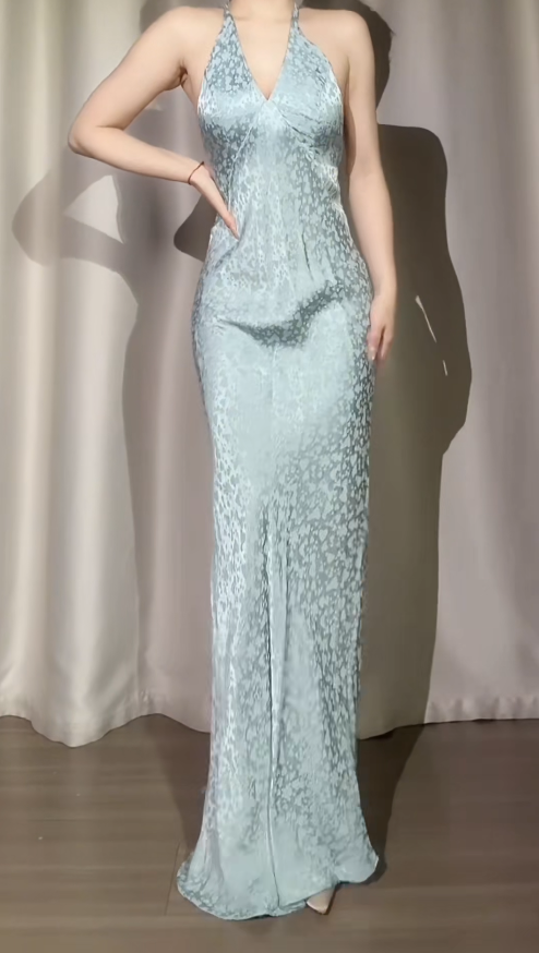 Vintage Blue Prom Dresses Beaded V-neck Long Evening Dresses Sleeveless Party Dresses DP04605