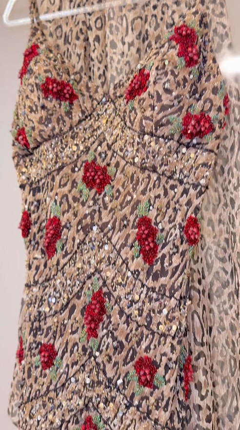 Sexy Sheath Leopard Short Prom Dresses Chiffon Spaghetti Straps Long Evening Dresses Sleeveless Party Dresses DP04611