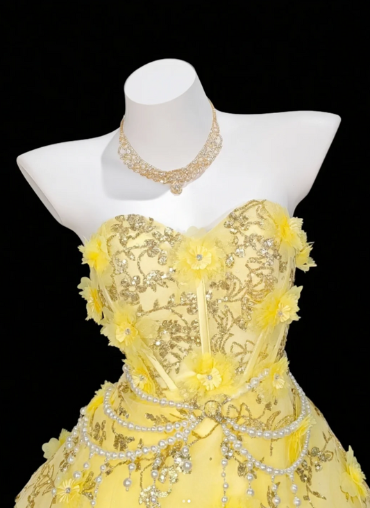 Cute A-Line Yellow Short Prom Dresses Tulle Applique Sweetheart Evening Dresses Sleeveless Party Dresses DP04612