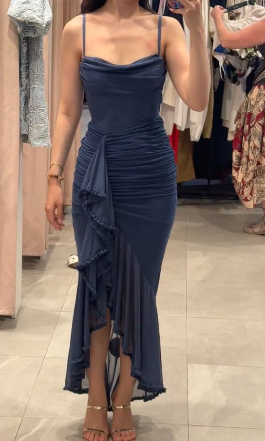 Sexy Sheath Navy Blue Evening Dresses Tulle Sleeveless Party Dresses DP04621