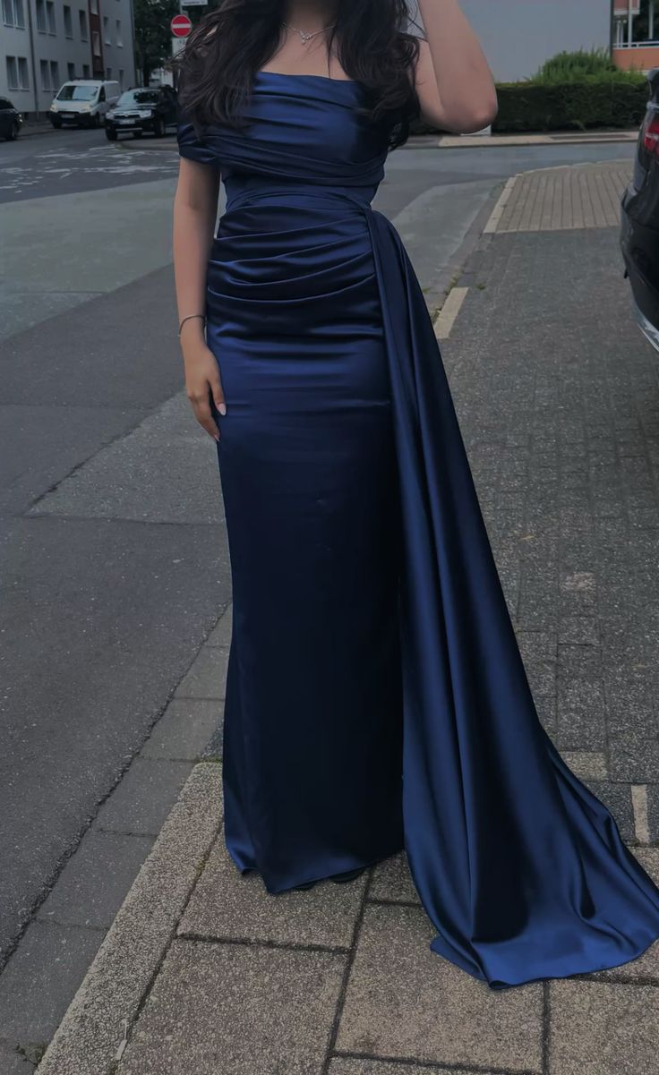 Simple Sheath Long Prom Dresses Satin Navy Blue Evening Dresses Sleeveless Birthday Dresses DP04630