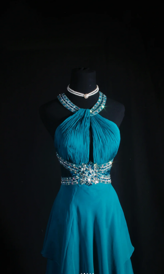 Simple Sheath Long Prom Dresses Chiffon Turquoise Backless Evening Dresses Sleeveless Birthday Dresses DP04631