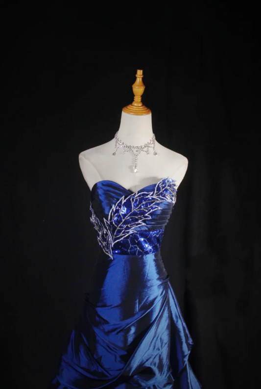 Simple A-Line Long Prom Dresses Satin Sweetheart Navy Blue Evening Dresses Zipper Birthday Dresses DP04634