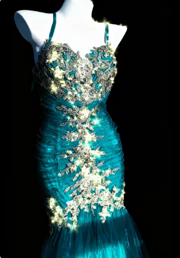 Simple Mermaid Turquoise Long Prom Dresses Tulle Appliques Spaghetti Straps Evening Dresses Sleeveless Birthday Dresses DP04635