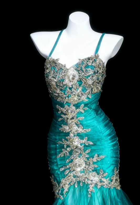 Simple Mermaid Turquoise Long Prom Dresses Tulle Appliques Spaghetti Straps Evening Dresses Sleeveless Birthday Dresses DP04635